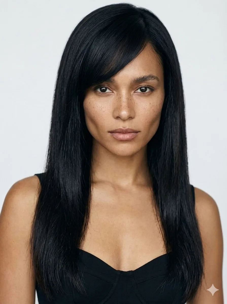 Long Asymmetrical Straight Cut With Sweeping Fringe