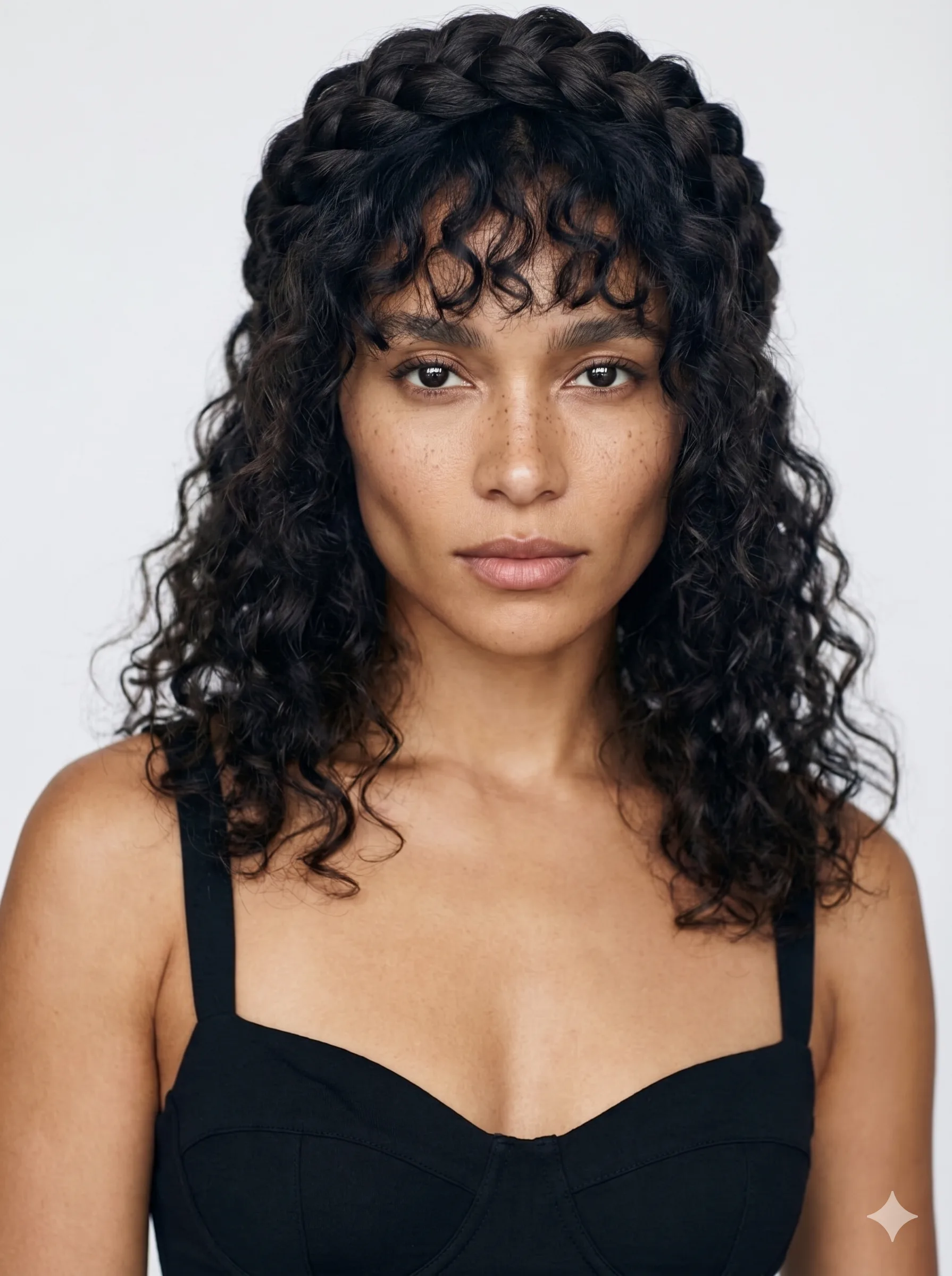Half Up Braided Crown Curly Lengths Fringe